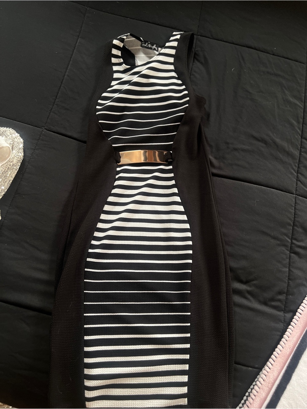 Sleeveless Black and White Striped Bodycon Dress with Gold Accent